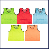 five multicoloured sports bibs