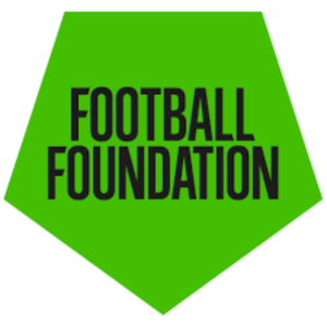 Football foundation log green inverted pentagaon with football foundation in black bold text