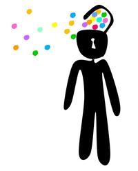 graphic of stick person with padlock head opening up to release lots of coloured dots