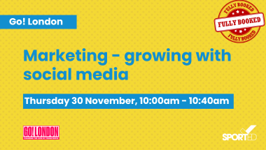 events detail graphic yellow background with blue text reads: Go! London" next line "Marketing - growing with social media" next line white text on blue background reads" Thursday 30 November 10:00am"