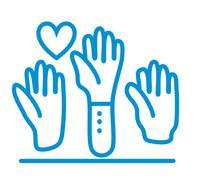 line drawing of three hands raised with a heart in blue